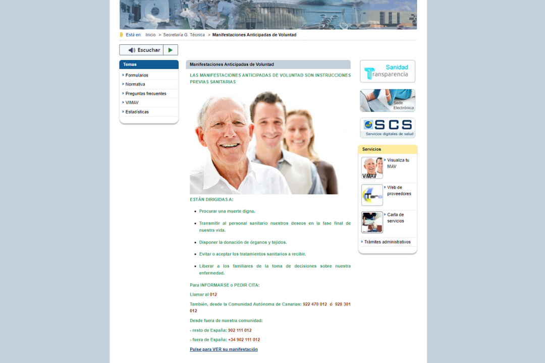 Web de Sanidad del Gobierno de Canarias, página de Instrucciones Previas. / Web de Sanidad