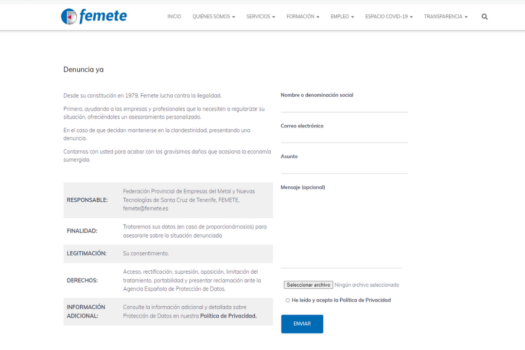 Web denuncia de economía sumergida de Femete. / Femete