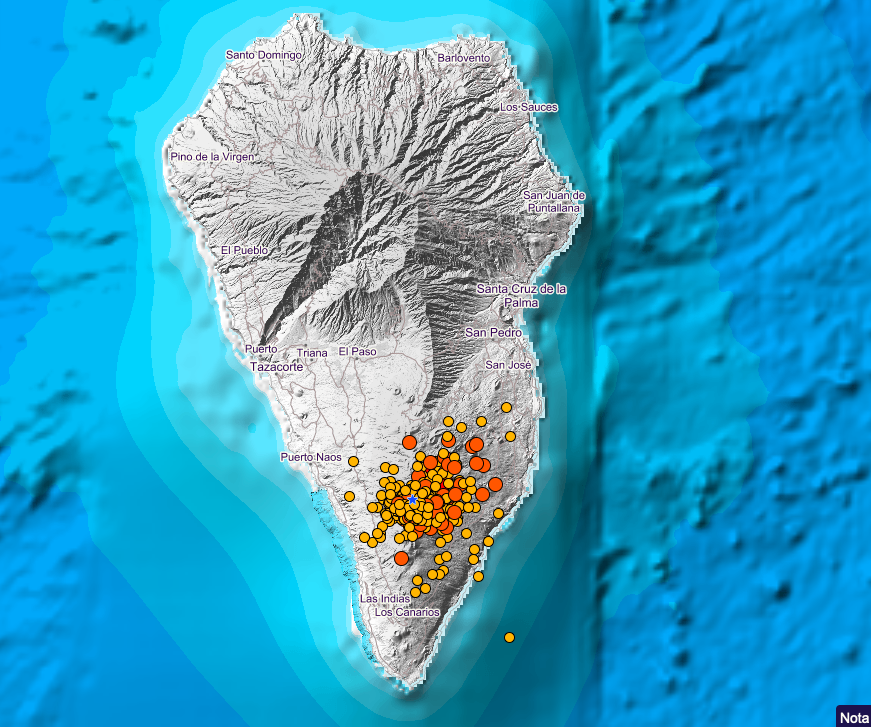 El mayor temblor localizado es de 4,1 en la Villa de Mazo. / IGN 