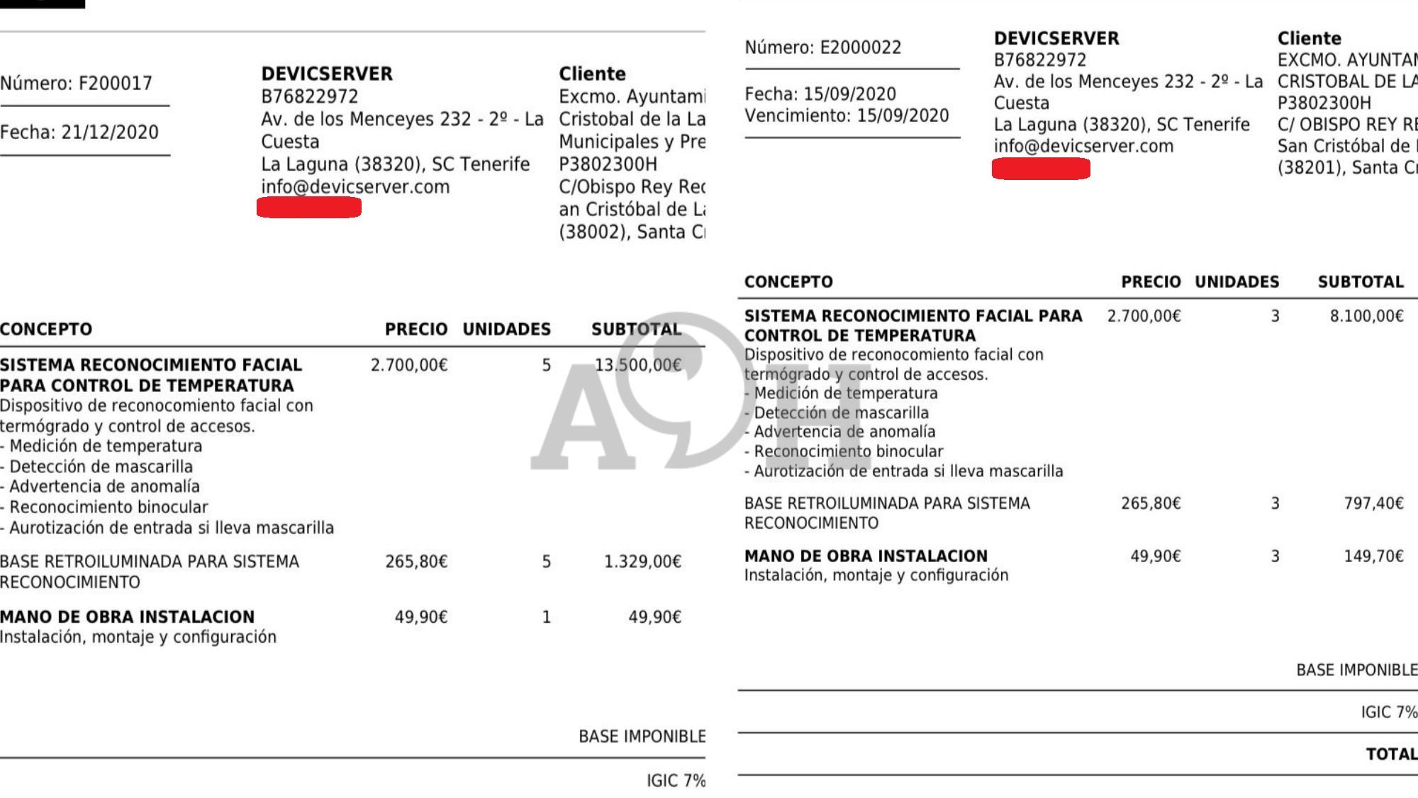 Facturas del contrato entre el Ayuntamiento de La Laguna y Devicserver por los sistemas de reconocimiento facial. / AH