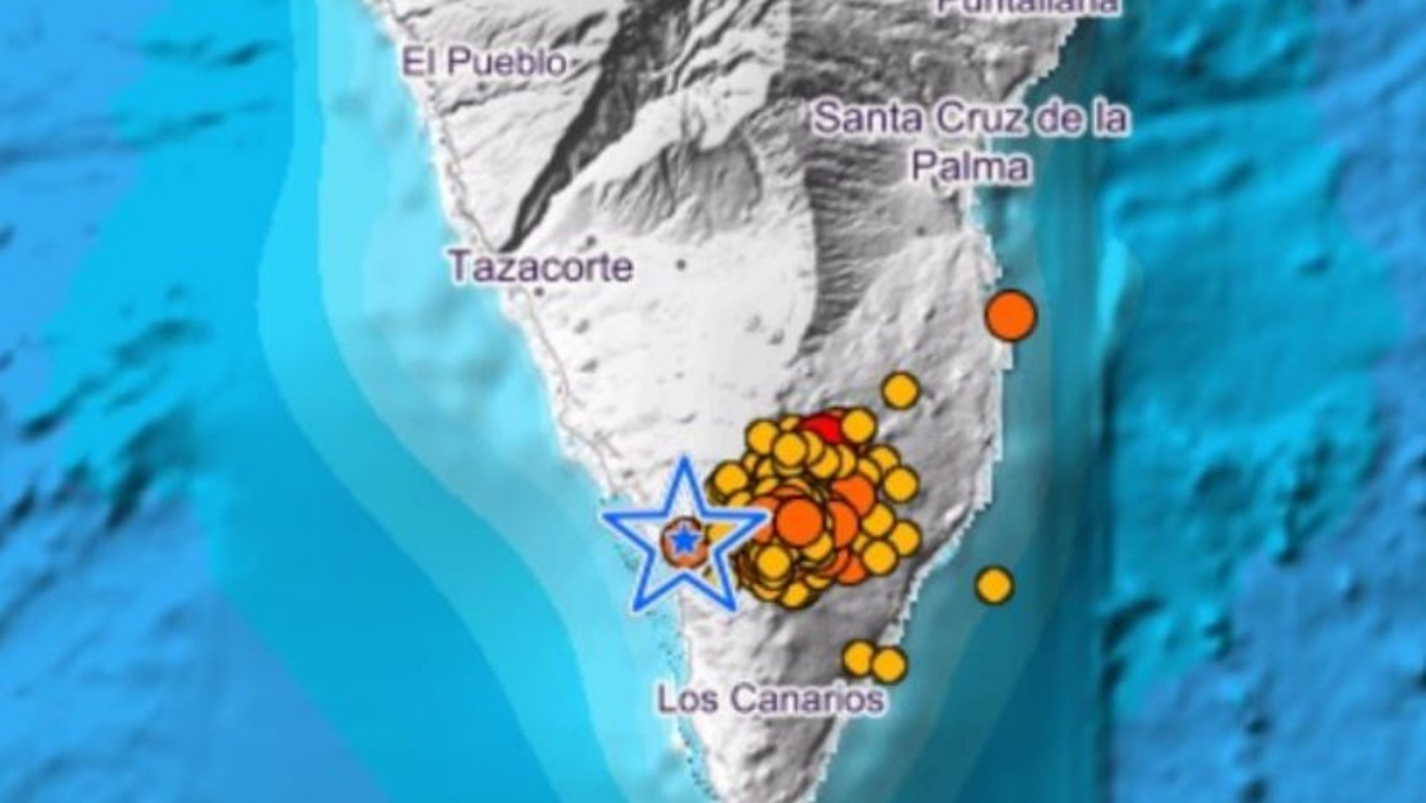 Grafismo donde se localizan los casi cerca de 40 terremotos en La Palma en la última madrugada. / IGN