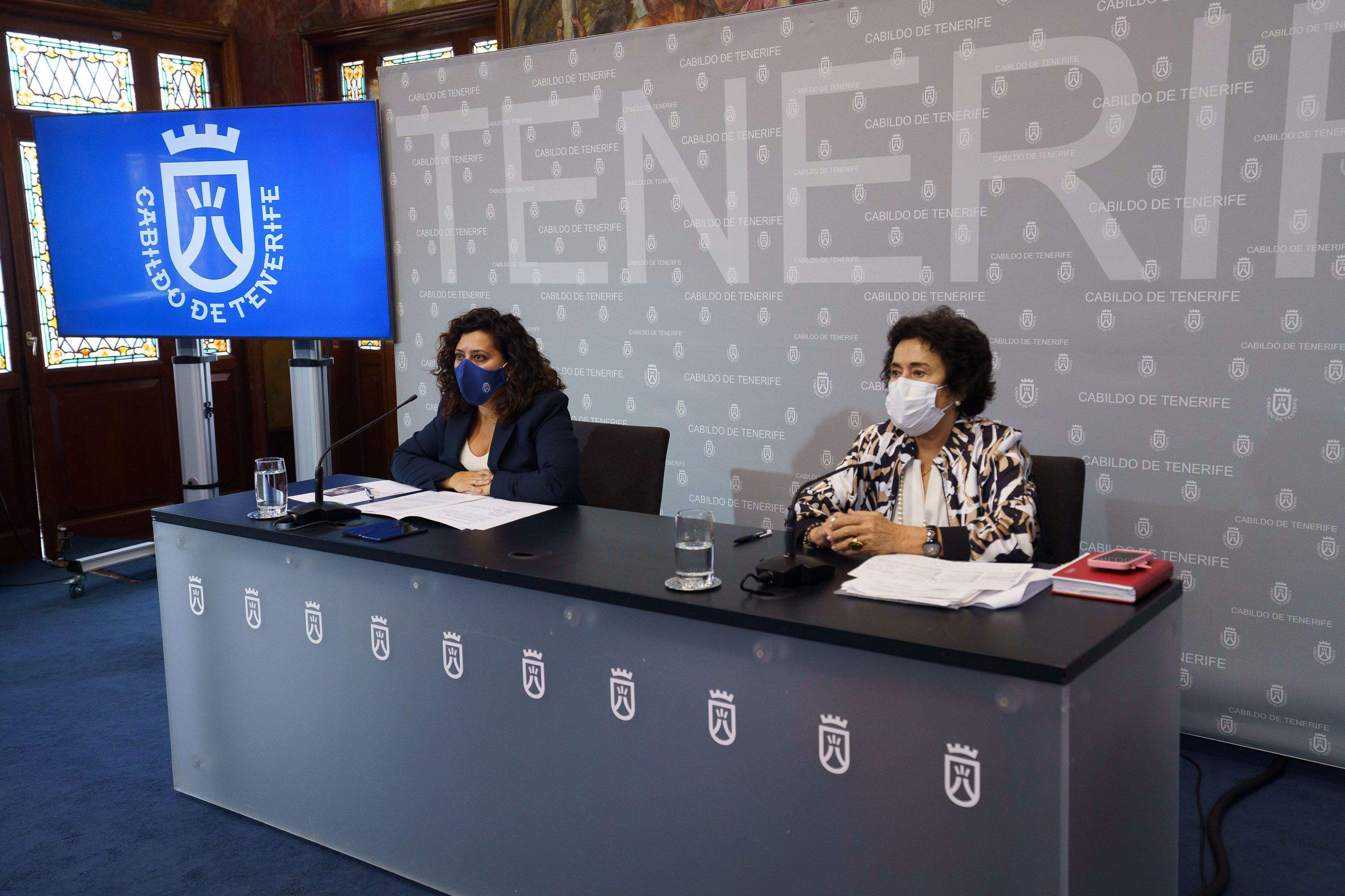 La consejera de Empleo Desarrollo Socio Económico y Acción Exterior del Cabildo de Tenerife, Carmen Luz Baso,  y la presidenta del Consejo Social de la ULL, María Dolores Pelayo, en la presentación de la feria Empleoland