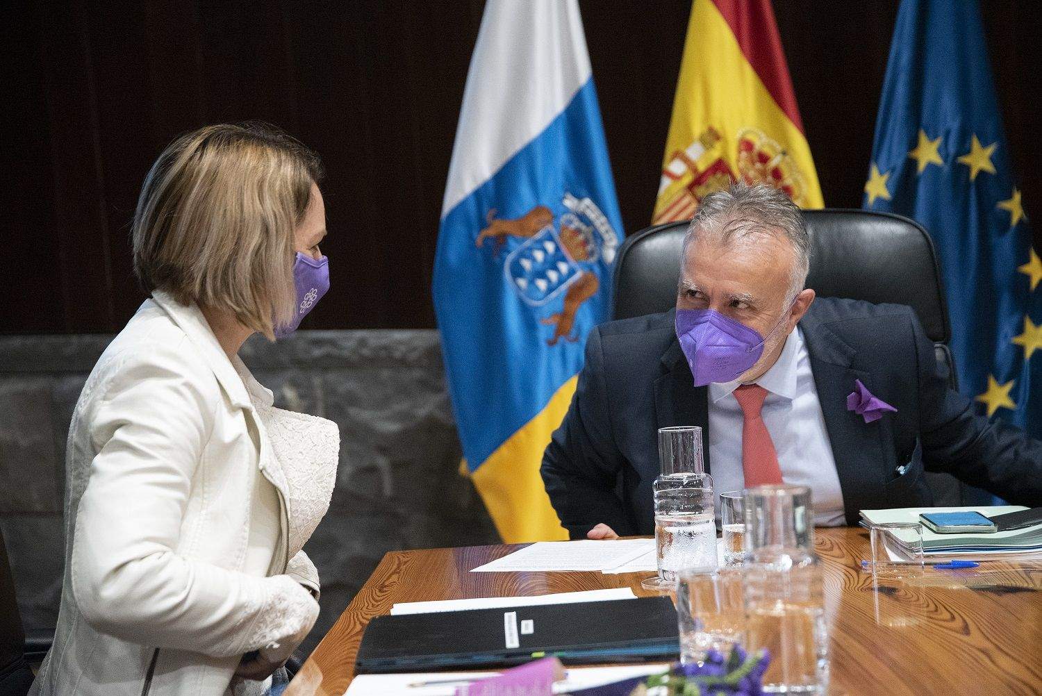 Ángel Víctor Torres y Noemí Santana en el Consejo de Gobierno que ha aprobado la subvención a Fauca./ Gobierno de Canarias.