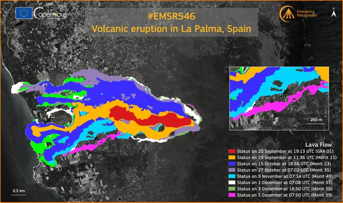 Avance de las coladas de lava del volcán de La Palma. / Servicio Copernicus/ DSN