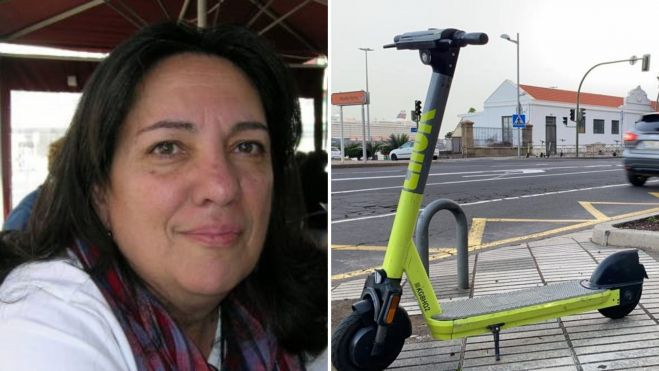 Ana Mengíbar, presidenta de Queremos Movernos y un patinete eléctrico mal aparcados con otros bien estacionados de fondo. / AH