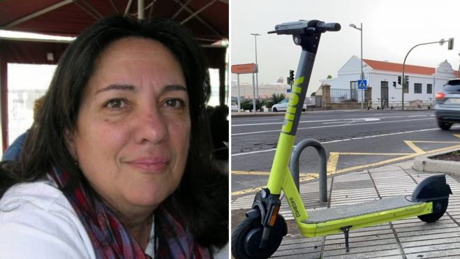 Ana Mengíbar, presidenta de Queremos Movernos y un patinete eléctrico mal aparcados con otros bien estacionados de fondo. / AH Ana Mengíbar, presidenta de Queremos Movernos y un patinete eléctrico mal aparcados con otros bien estacionados de fondo. / AH