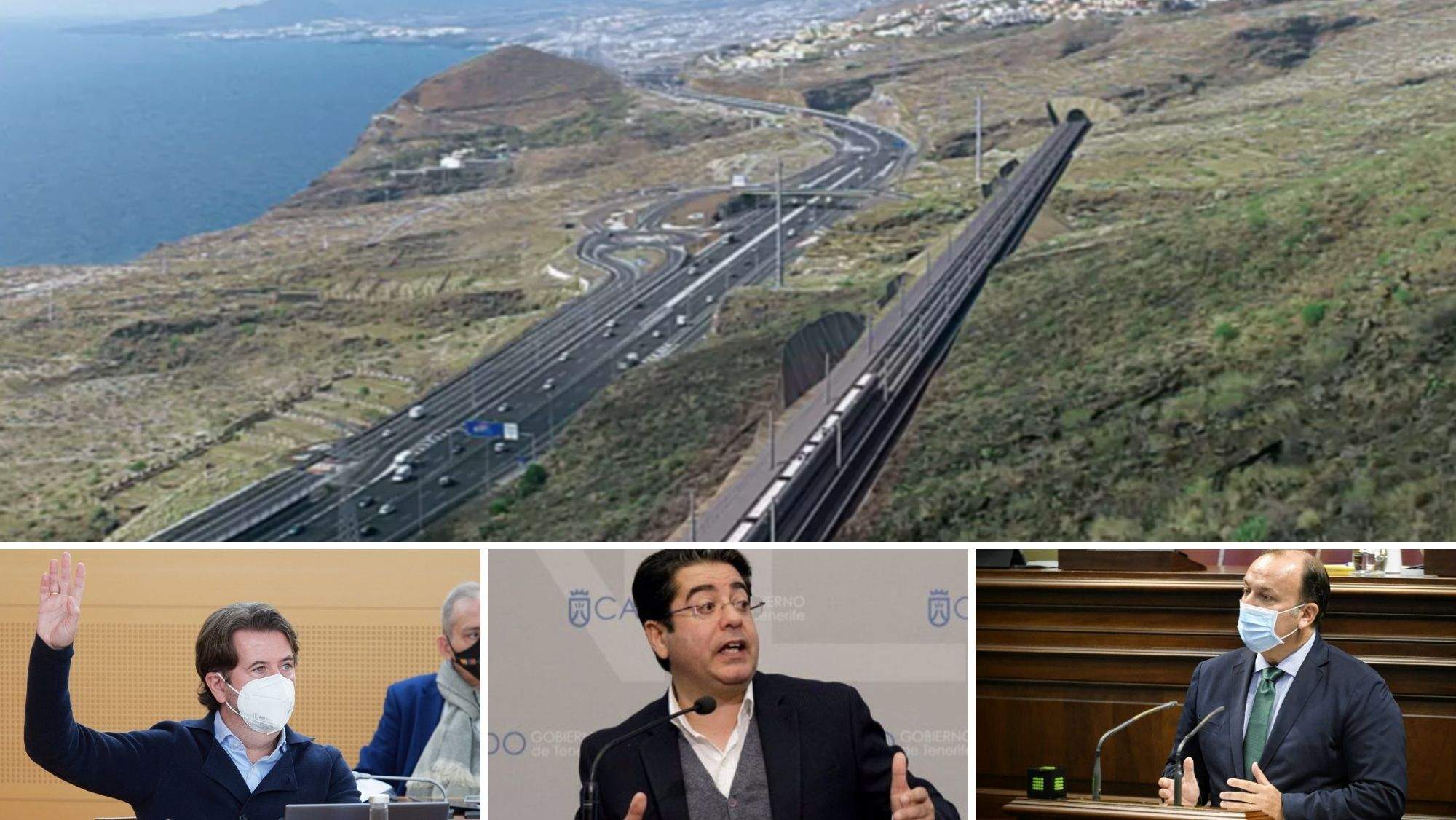Carlos Alonso, Pedro Martín y Ricardo Fernández de la Puente y un boceto del tren del sur de Tenerife. / AH