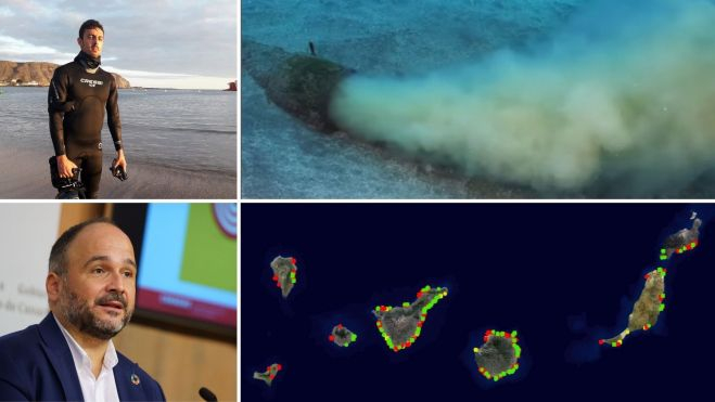 El documentalista Felipe Ravina, el consejero José Antonio Valbuena, vertido en el fondo marino y registro de vertidos en Canarias. / AH