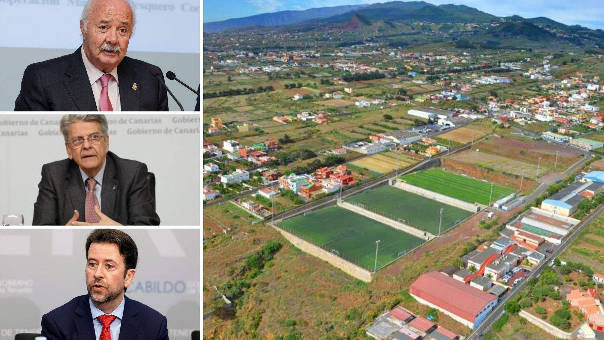 Ricardo Melchior, Julio Pérez, Carlos Alonso y una imagen de archivo de la ciudad deportiva de Geneto. / AH