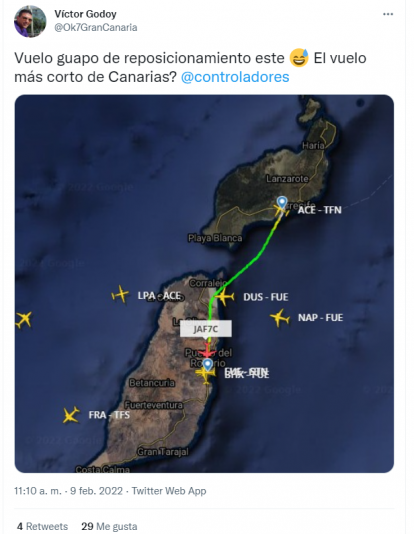 Tuit de Víctor Godoy, señalando la rapidez del vuelo / Imagen de redes