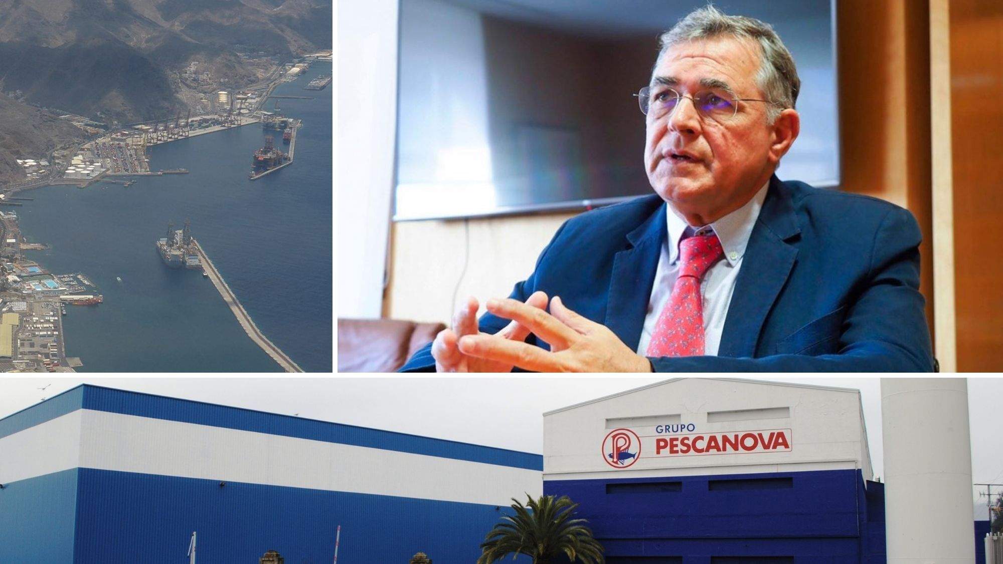La Dársena Pesquera, el presidente de la Autoridad Portuaria de SC Tenerife, Carlos González, y una fábrica de Pescanova. / AH