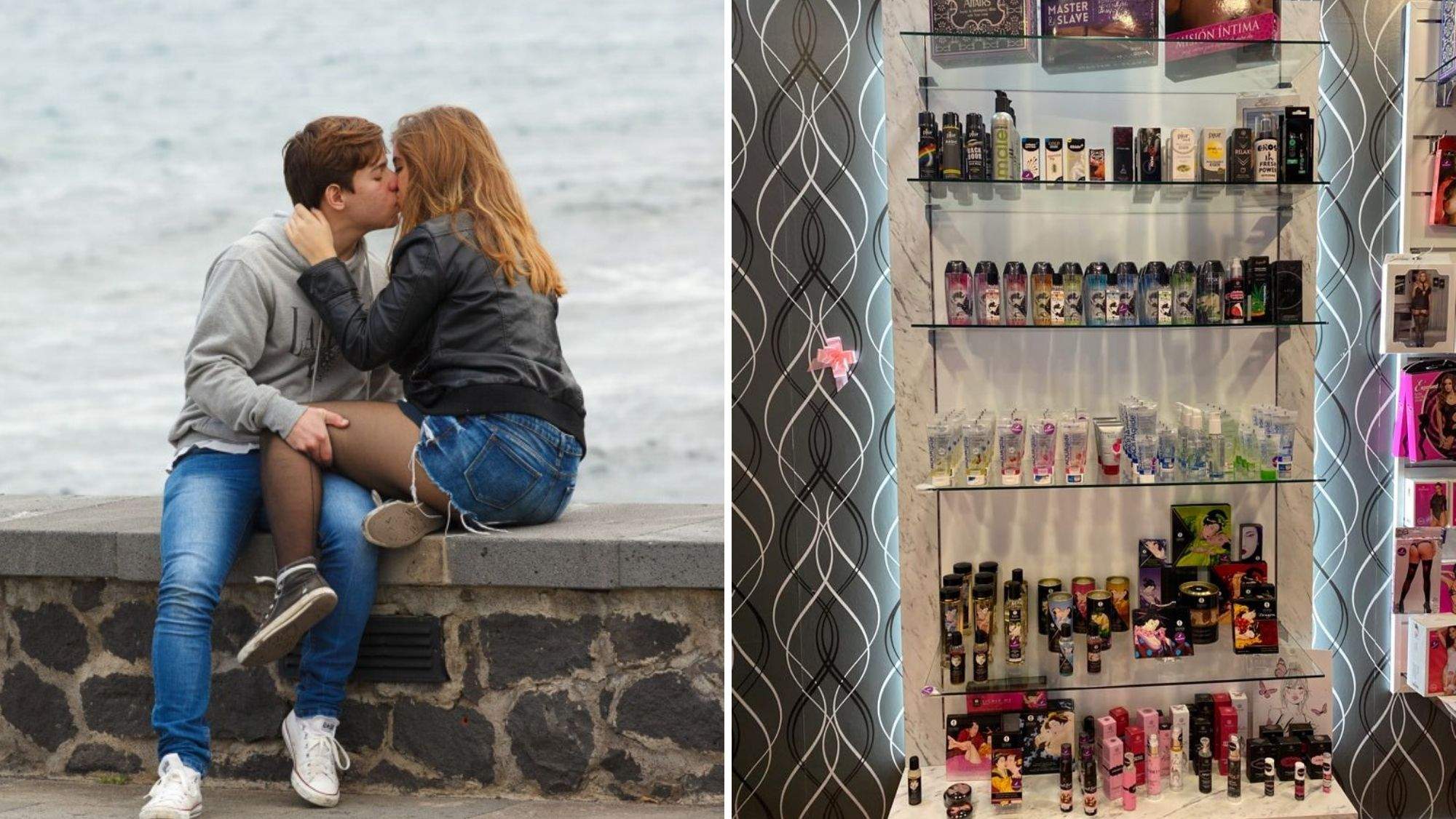 Una pareja se besa en el entorno del Auditorio de Tenerife y un escaparate de geles y aceites como idea de San Valentín. / Juan José López / AH