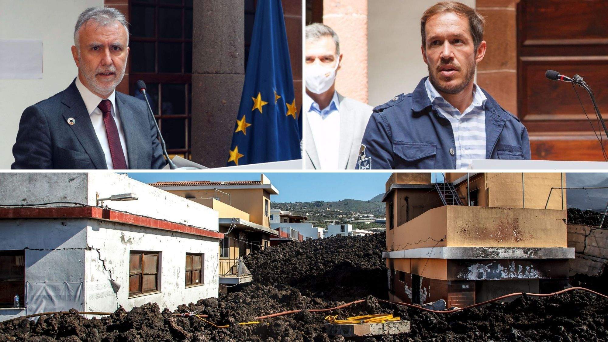 El presidente de Canarias, Ángel Víctor Torres, el presidente del Cabildo de La Palma, Mariano Zapata y casas sepultadas por lava en La Palma. / AH