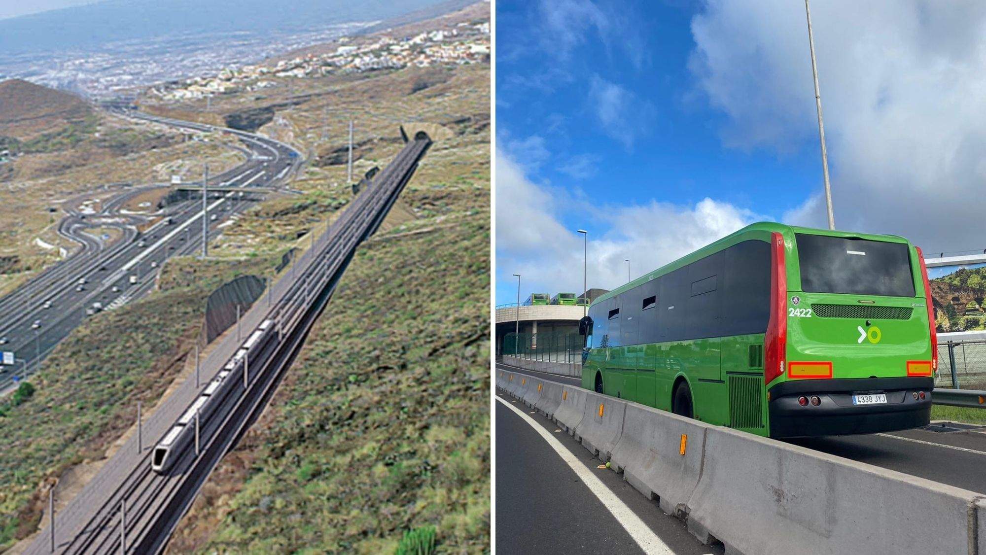 Proyecto del tren del sur en Tenerife y una guagua Titsa por un carril BUS-VAO. / AH