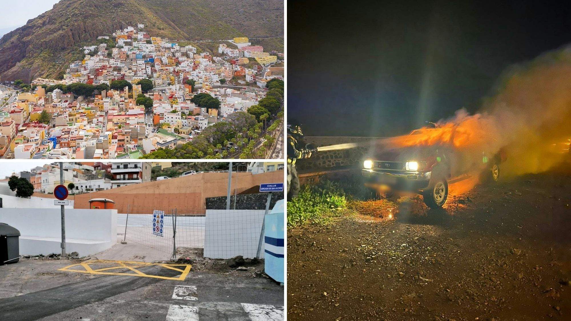 Barrio de Sa Andrés, obra del nuevo polideportivo y vehículo en llamas en el barrio controlado por los bomberos. / SC