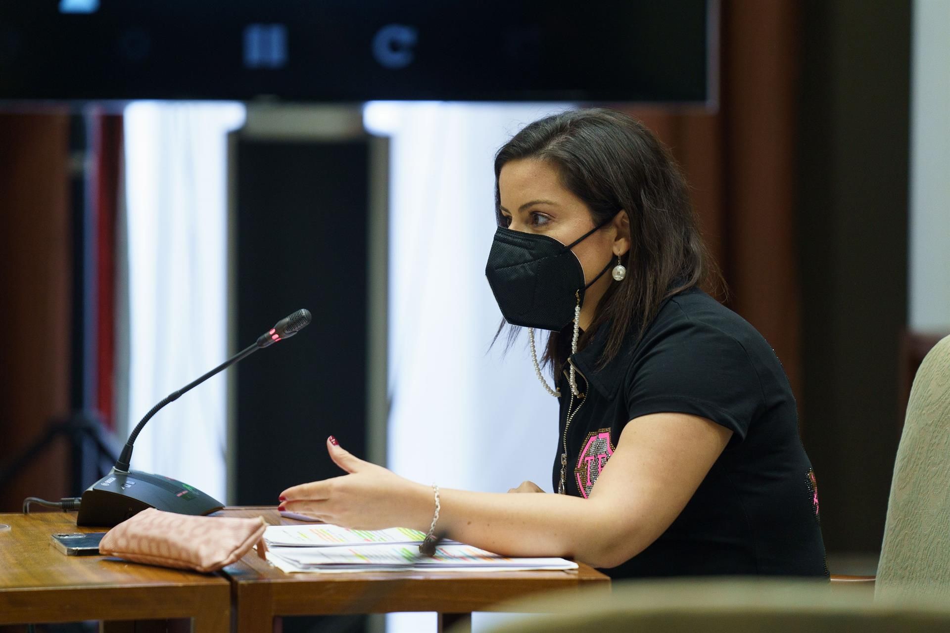 La consejera de Turismo, Industria y Comercio del Gobierno de Canarias, Yaiza Castilla, explica durante la comisión las consecuencias para el turismo en canarias de la guerra entre Rusia y Ucrania. EFE/Ramón de la Rocha