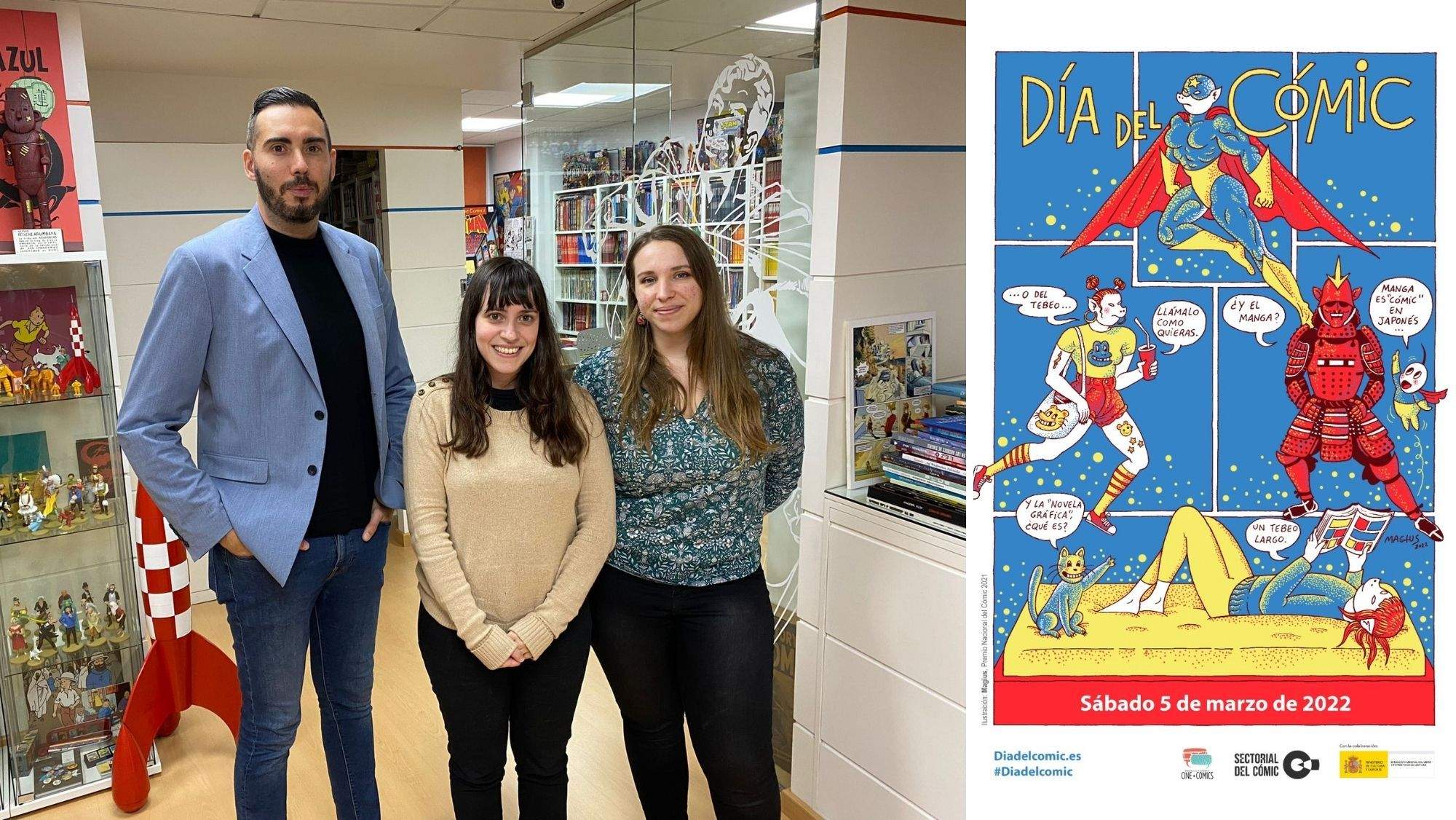 Lucas Morales, director de la Fundación Cine+Cómics, junto a dos compañeras de la fundación, y el cartel del 'Día Nacional del Cómic / AH