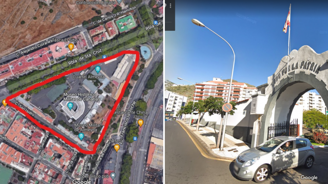 A la izquierda, rodeado en rojo, el cuartel de Almeyda y la calle San isidro, donde el ayuntamiento quiere construir el aparcamiento subterráneo. A la derecha, la entrada del cuartel. / Composición de Atlántico Hoy