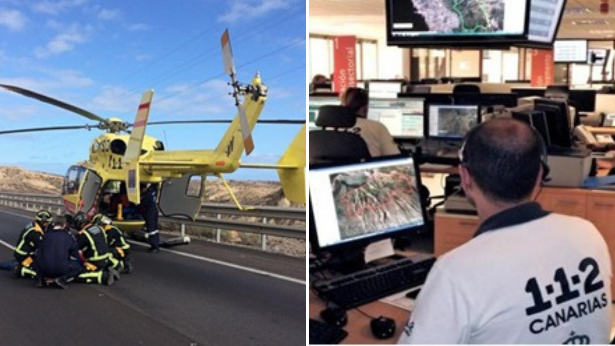 Un helicóptero del SUC acude a un accidente (izquierda), alertado por el 112 (derecha./ Composición CSIF