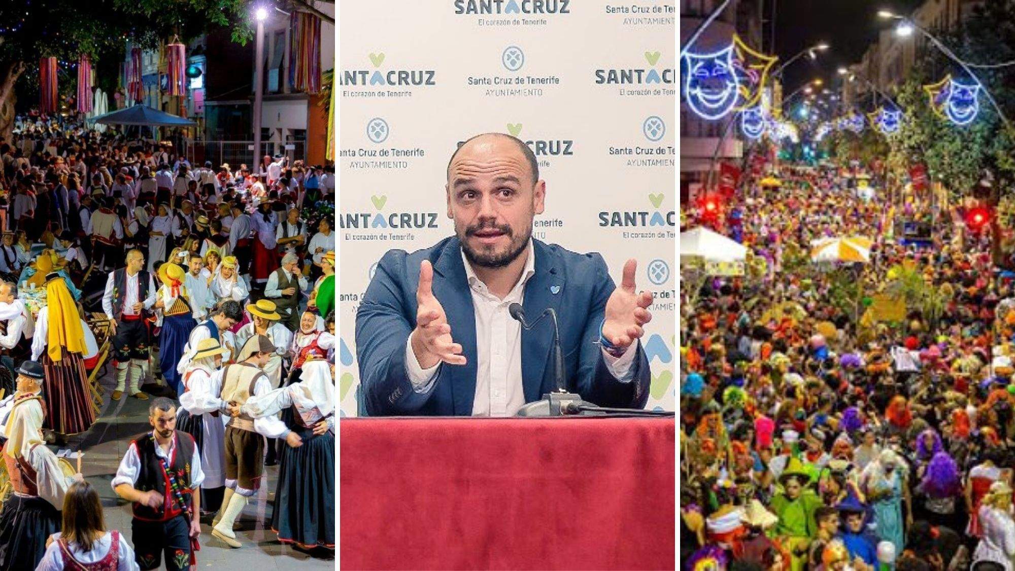 Imagen de un Baile de Magos de Santa Cruz, el concejal de Fiestas, Alfonso Cabello, y una imagen del Carnaval. / AH