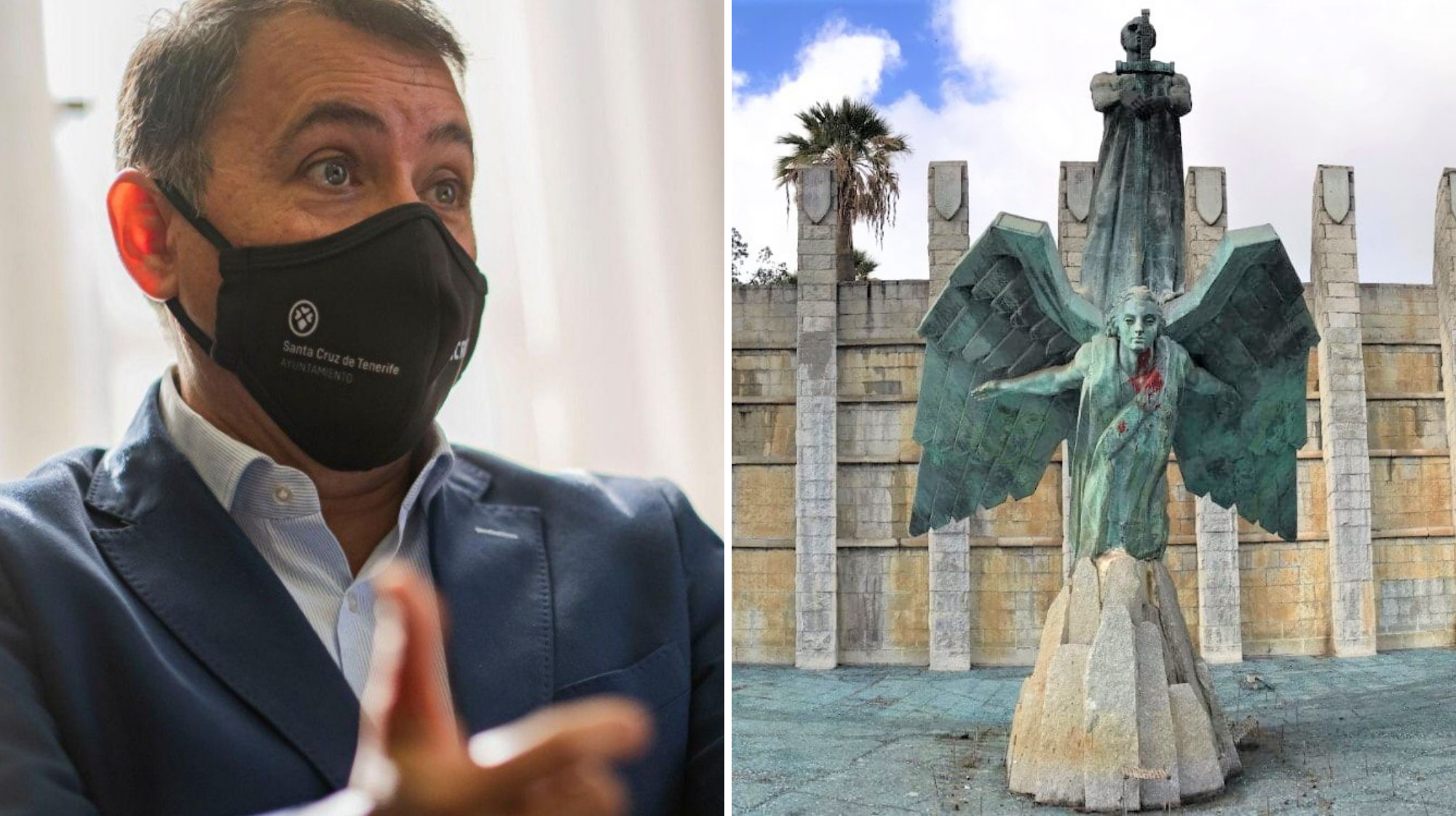 El alcalde de Santa Cruz de Tenerife, José Manuel Bermúdez, y el monumento a Los Caídos de Santa Cruz./
