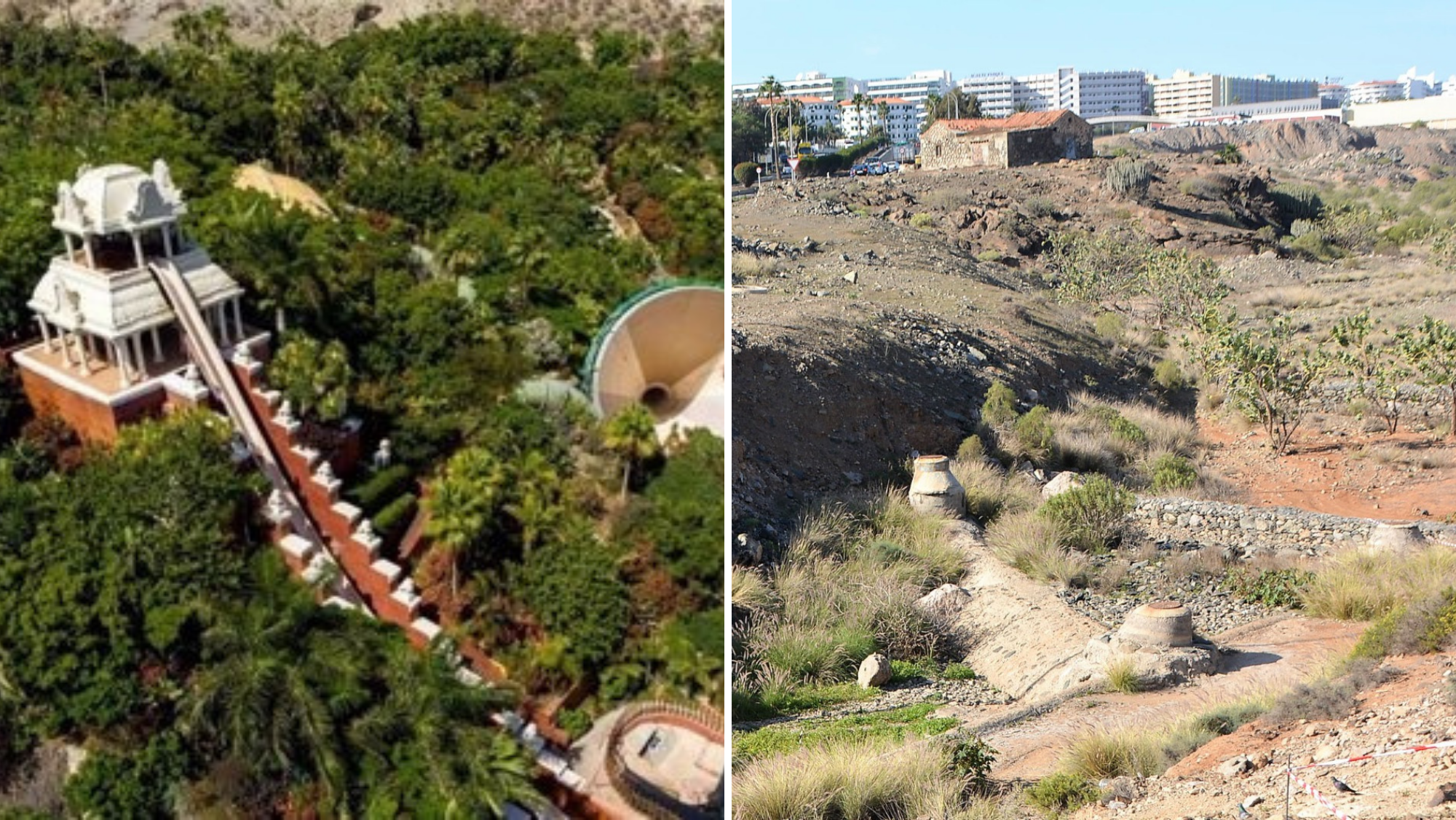 A la izquierda, el Siam Park de Tenerife. A la derecha, el solar en San Bartolomé de Tirajana donde se pretende construir el nuevo parque./ Montaje Atlántico Hoy