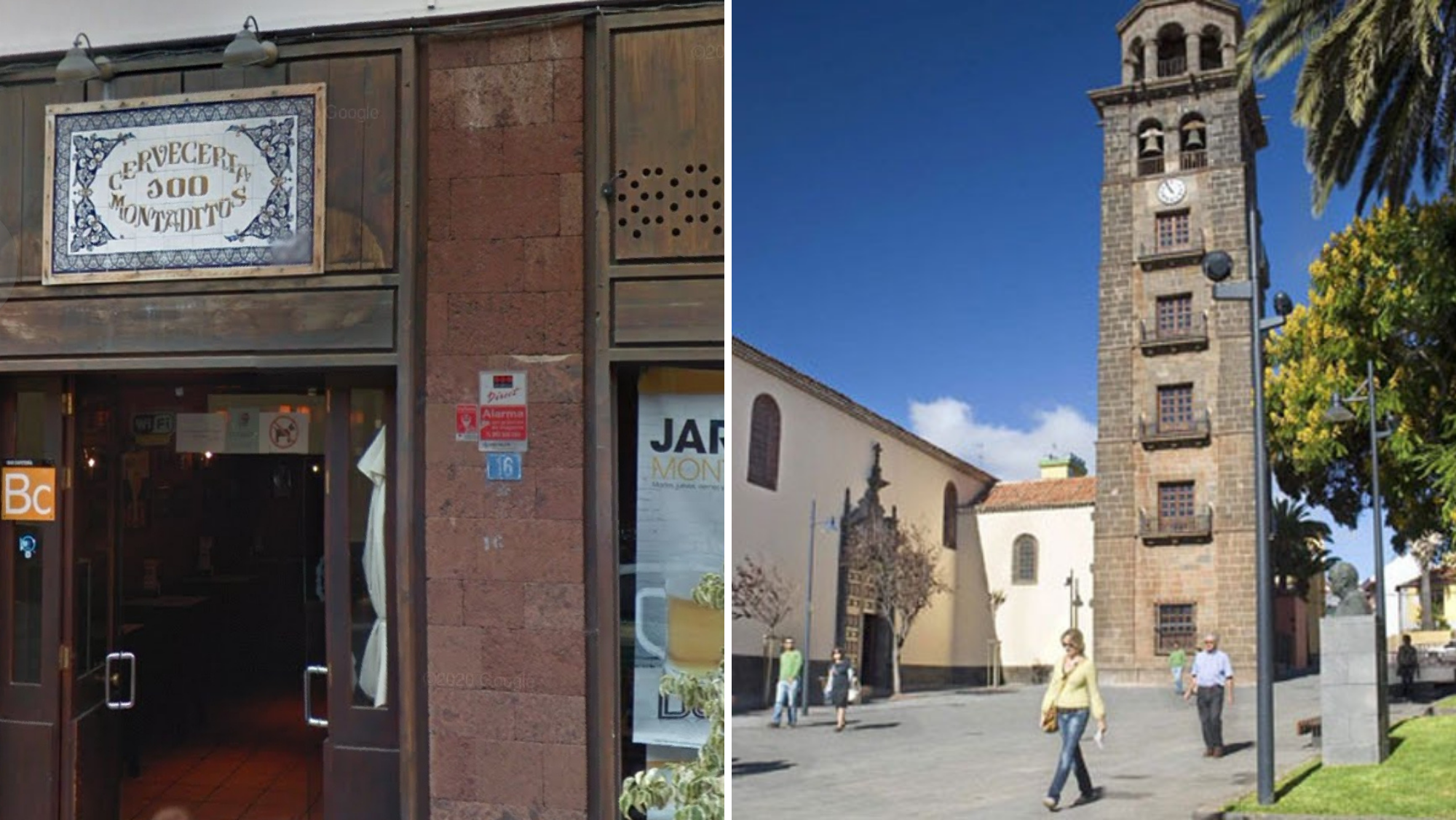 A la izquierda, el 100 Montaditos de La Laguna. A la derecha, la iglesia de la Concepción, a tan solo unos metros del local./ Montaje Atlántico Hoy