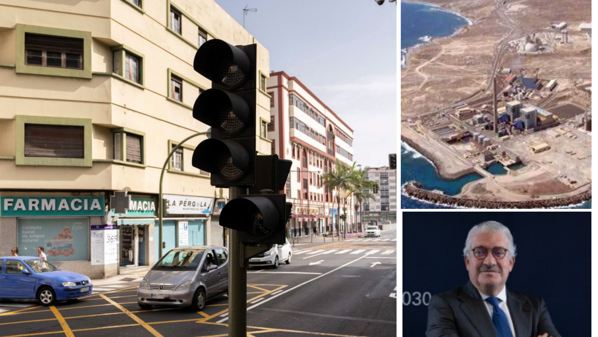 Montaje AH. Semáforos sin luz debido al cero energético, la central de Granadilla y José Bogas, Consejero delegado de Endesa./