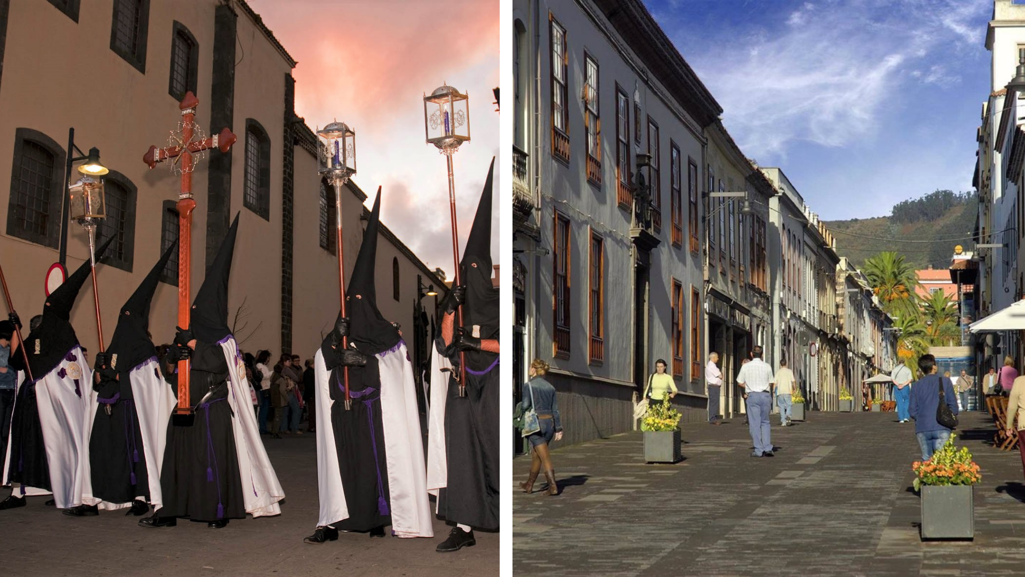 Composición de imágenes de una procesión de Semana Santa en La Laguna y personas paseando por su casco histórico. / AH