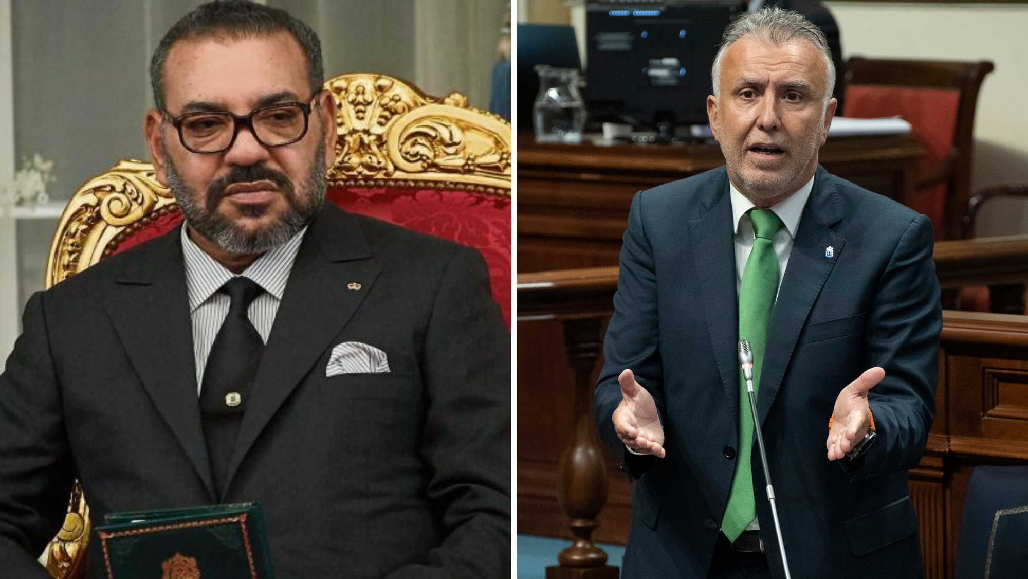A la izquierda, Mohamed VI, rey de Marruecos. A la derecha, Ángel Víctor Torres durante la sesión parlamentaria del martes./ Montaje AH