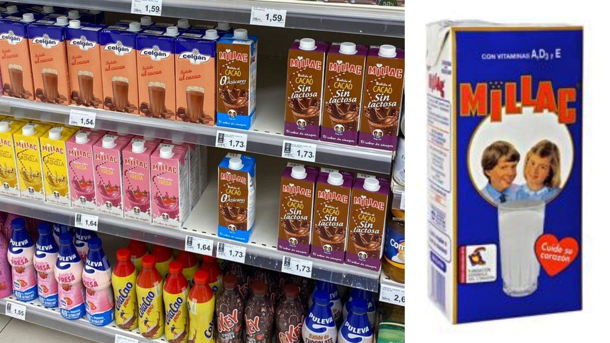 Batidos de Millac en un supermercado y un envase antiguo de leche de la marca. / AH