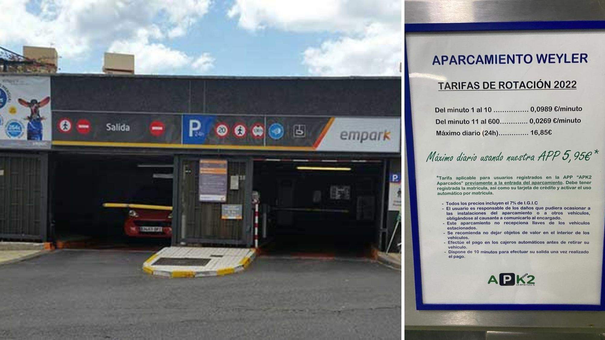 Acceso al parking de Ramón y Cajal y tarifas del parking de la plaza Weyler. / AH