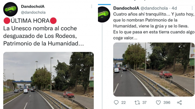 Secuencia de tweets sobre el coche desguacado de Los Rodeos./ Twitter