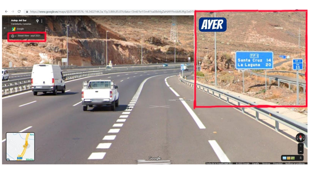 En el cuadrado rojo, sobreimpuesta a un pantallazo de Google Maps, la imagen de "ayer" que subió Dando Chola./ Montaje AH