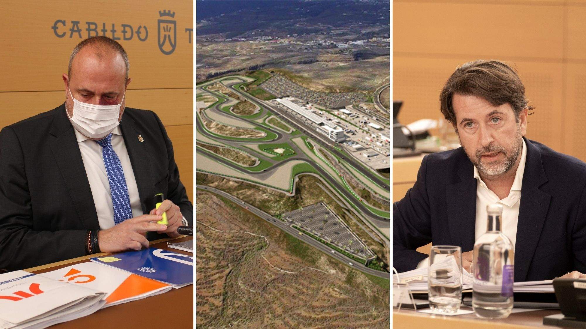 Enrique Arriaga (Cs), un boceto del Circuito del Motor y Carlos Alonso (CC). / AH