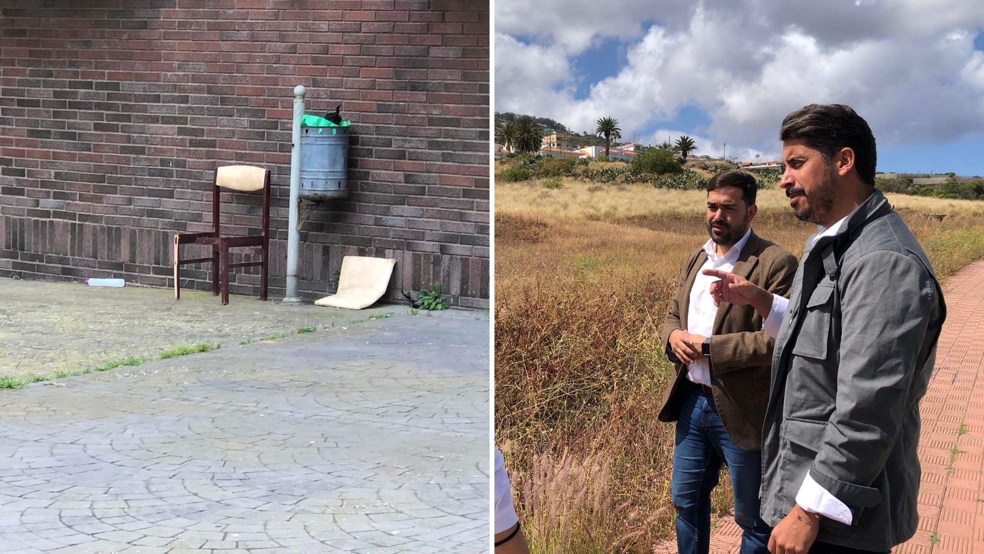 Mobiliario abandonado en Padre Anchieta, el alcalde de La Laguna Luis Yeray Gutiérrez y el edil Josimar Hernández. / AH