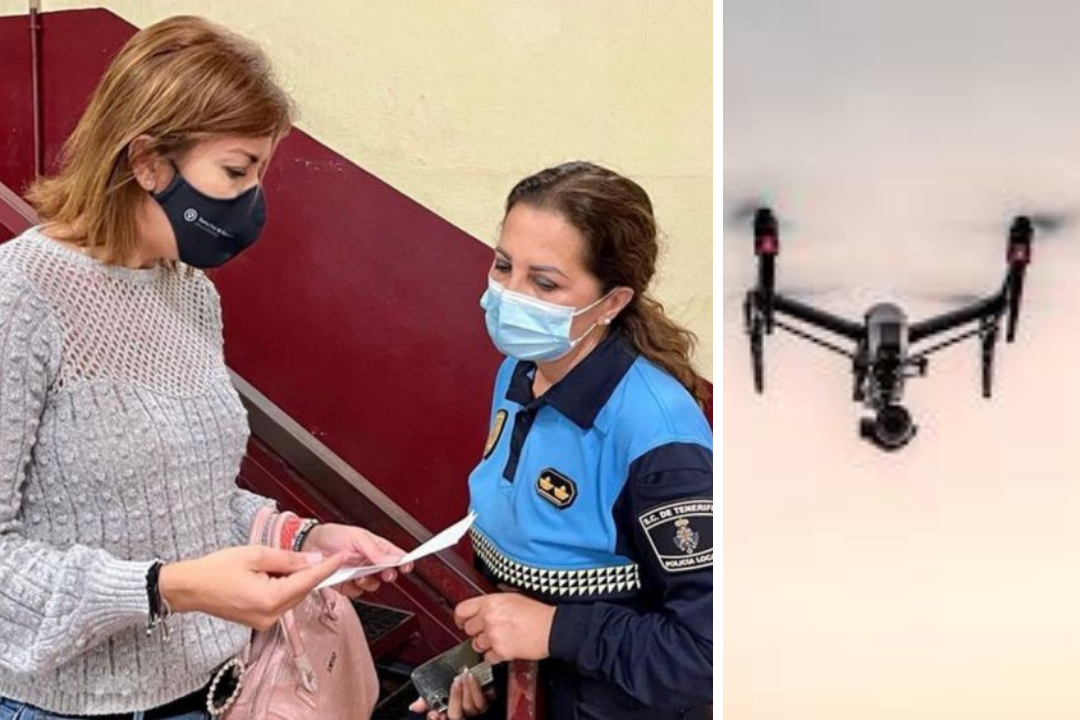 Evelyn Alonso habla con una agente de policía de Santa Cruz./ Montaje AH con imágenes de archivo