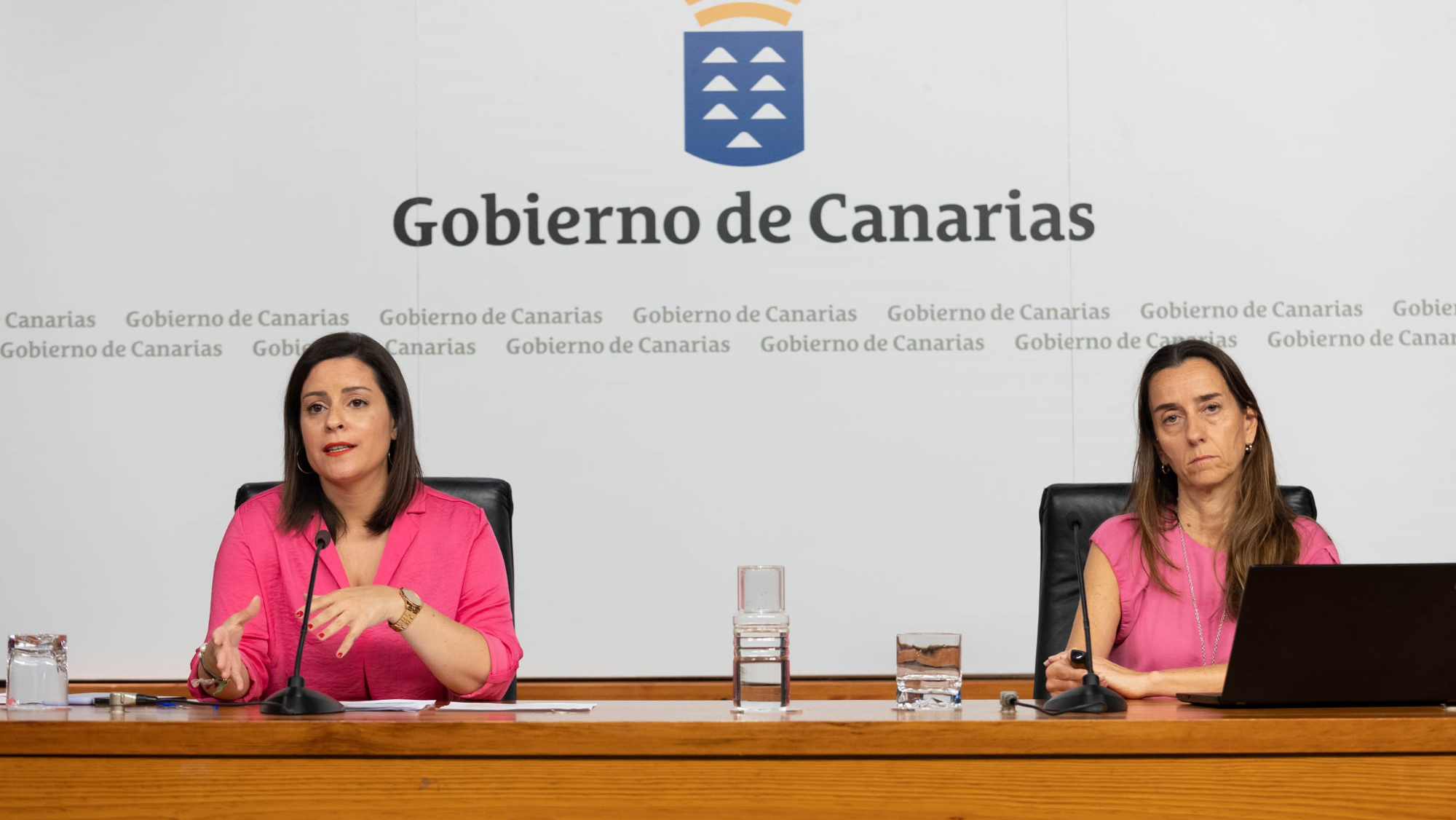 La consejera de Turismo, Industria y Comercio del Gobierno de Canarias, Yaiza Castilla, y la directora de proyectos de Comunicación al Cliente Final y al Profesional de Turismo de Islas Canarias, Elena González, en la presentación de la campaña. / Cedida 
