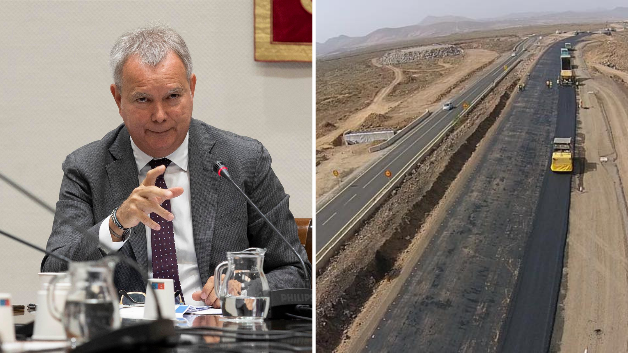 Sebastian Franquis, consejero de Obras Públicas, Transportes y Vivienda, y las obras de un tramo de la carretera Calderetas-Corralejo incluído en el convenio./ Montaje AH