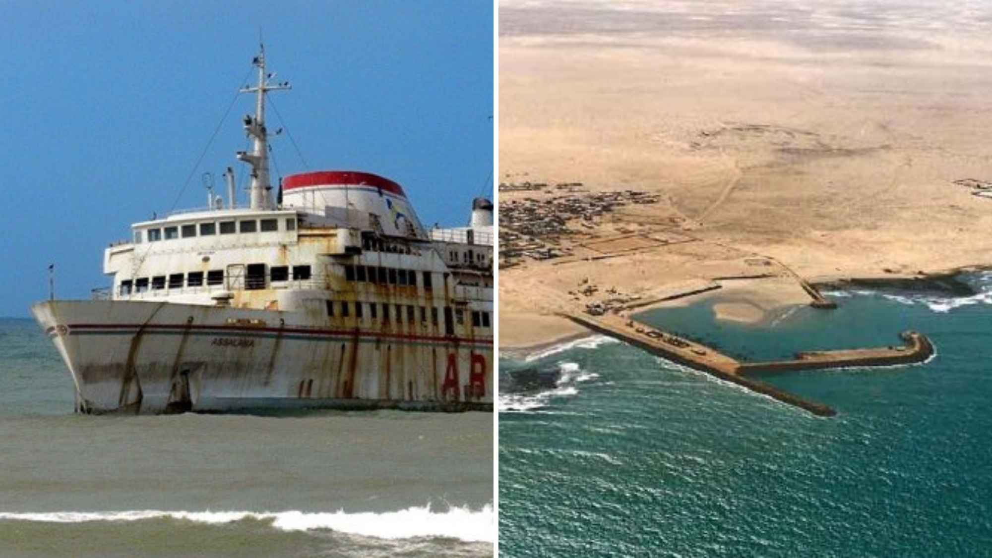 El buque Assalama, que funcionaba en la línea de Marruecos a Fuerteventura (Canarias), quedó varado junto al puerto de Tarfaya en 2008 por las malas infraestructuras de éste./ Montaje AH