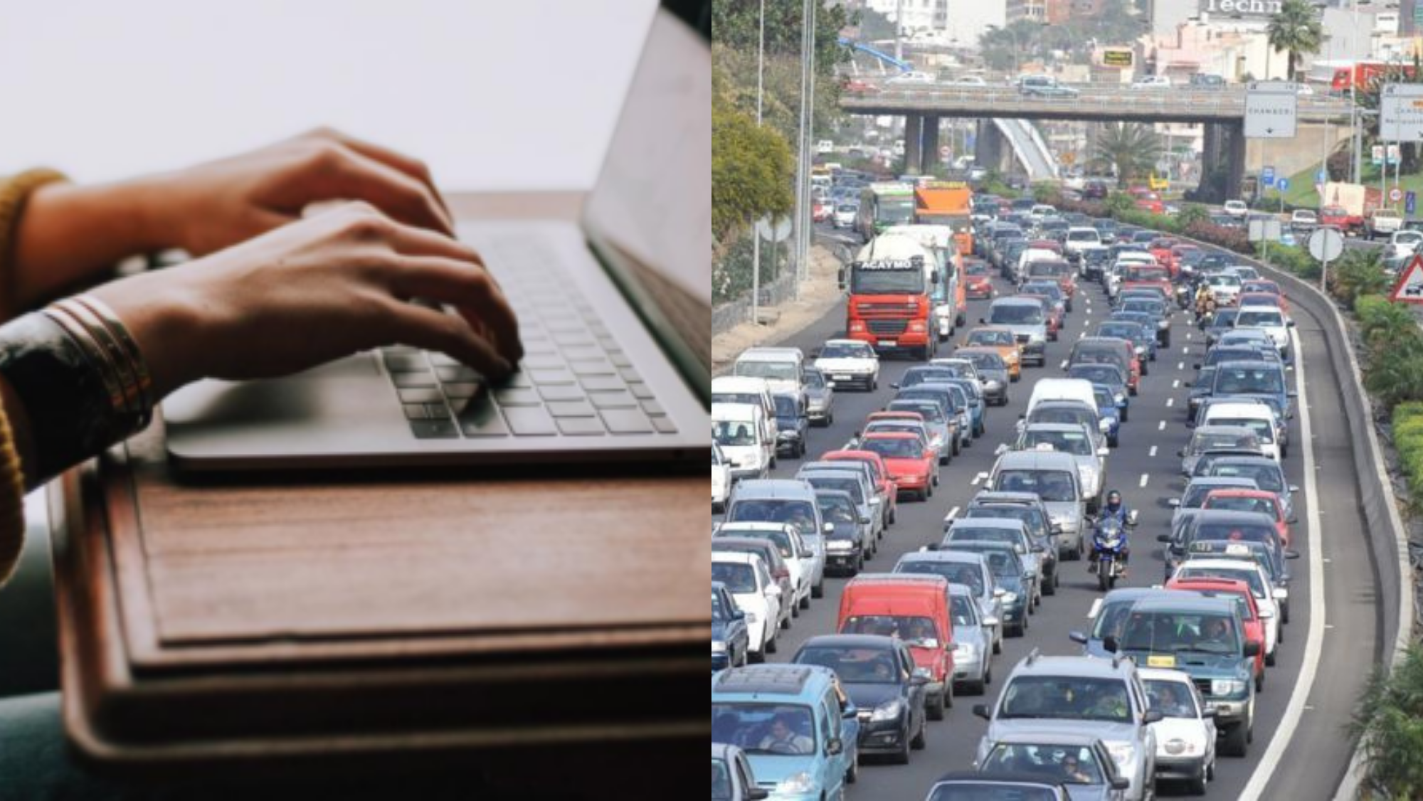 Composición de una persona teletrabajando y las colas del norte de Tenerife. / AH 