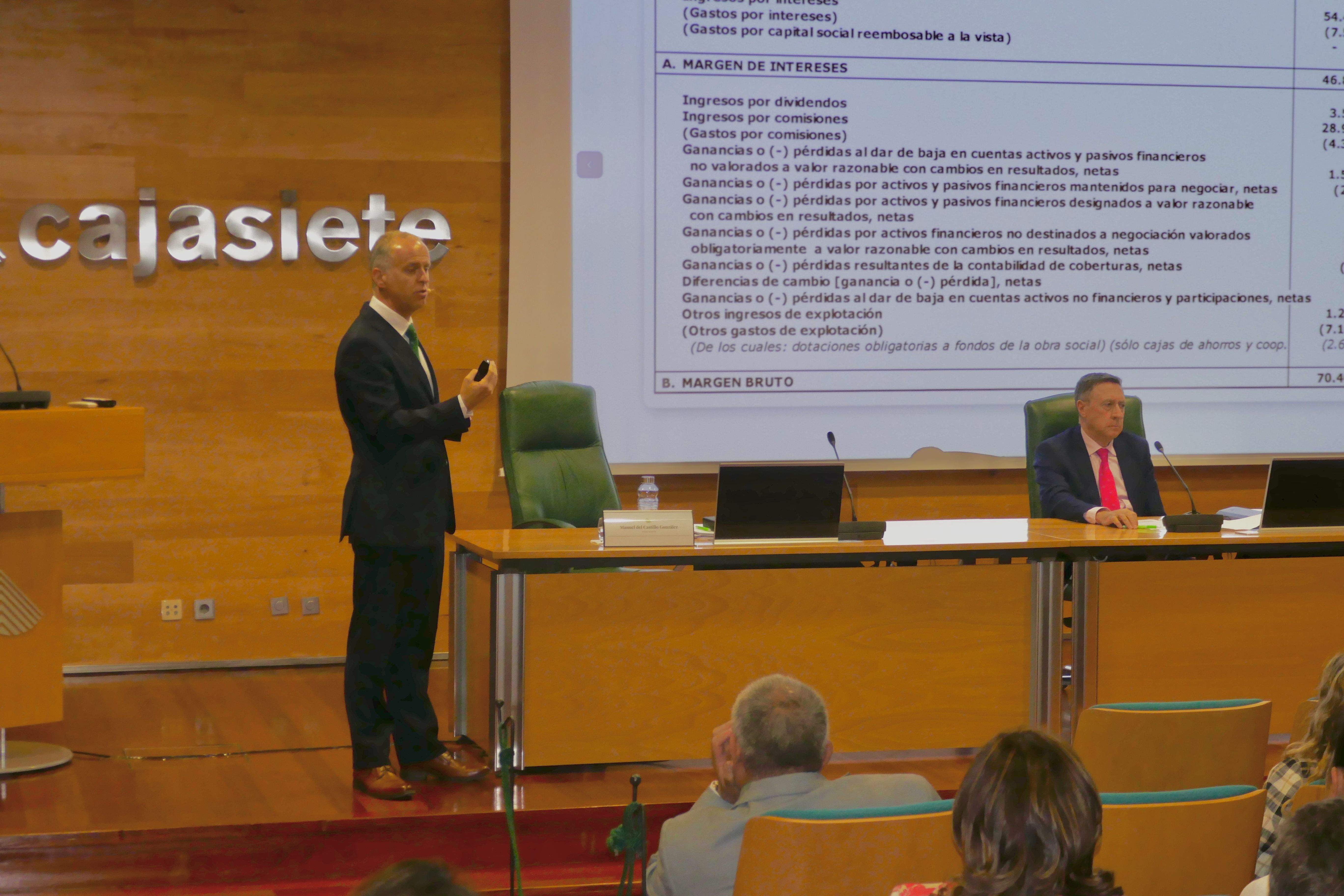 Manuel del Castillo, director general, se dirige a la Asamblea bajo la presidencia del presidente de Cajasiete, Fernando Berge./