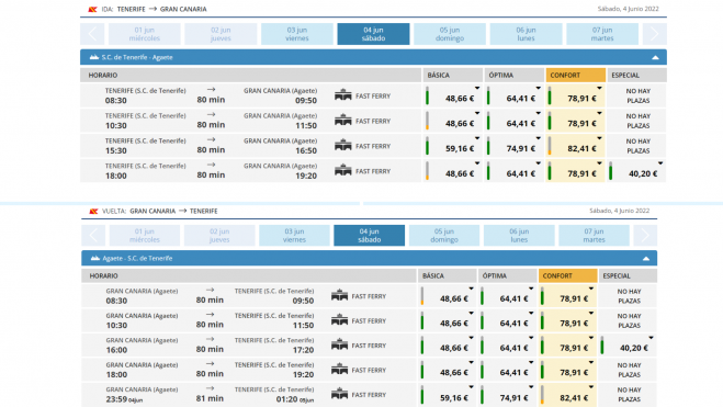 La mayoría de ferris entre Tenerife y Gran Canarias están completos desde días antes del partido./ web Fred. Olsen La mayoría de ferris entre Tenerife y Gran Canarias están completos desde días antes del partido./ web Fred. Olsen