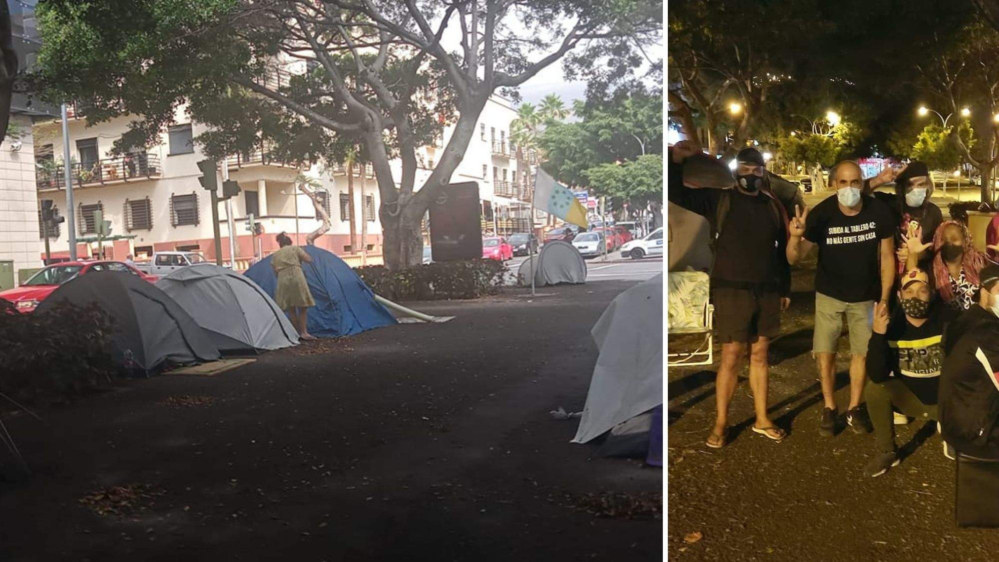 La acampada por una vivienda digna (i) y su portavoz, Lolo Dorta, en el centro de la imagen (d). / AH