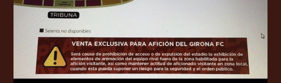 Mensaje en la web del Girona que prohíbe llevar camisetas del CD Tenerife fuera de la grada visitante./ Redes