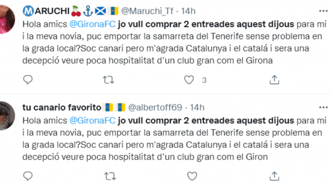 Respuestas de aficionados del CD Tenerife al tuit del Girona./ Redes