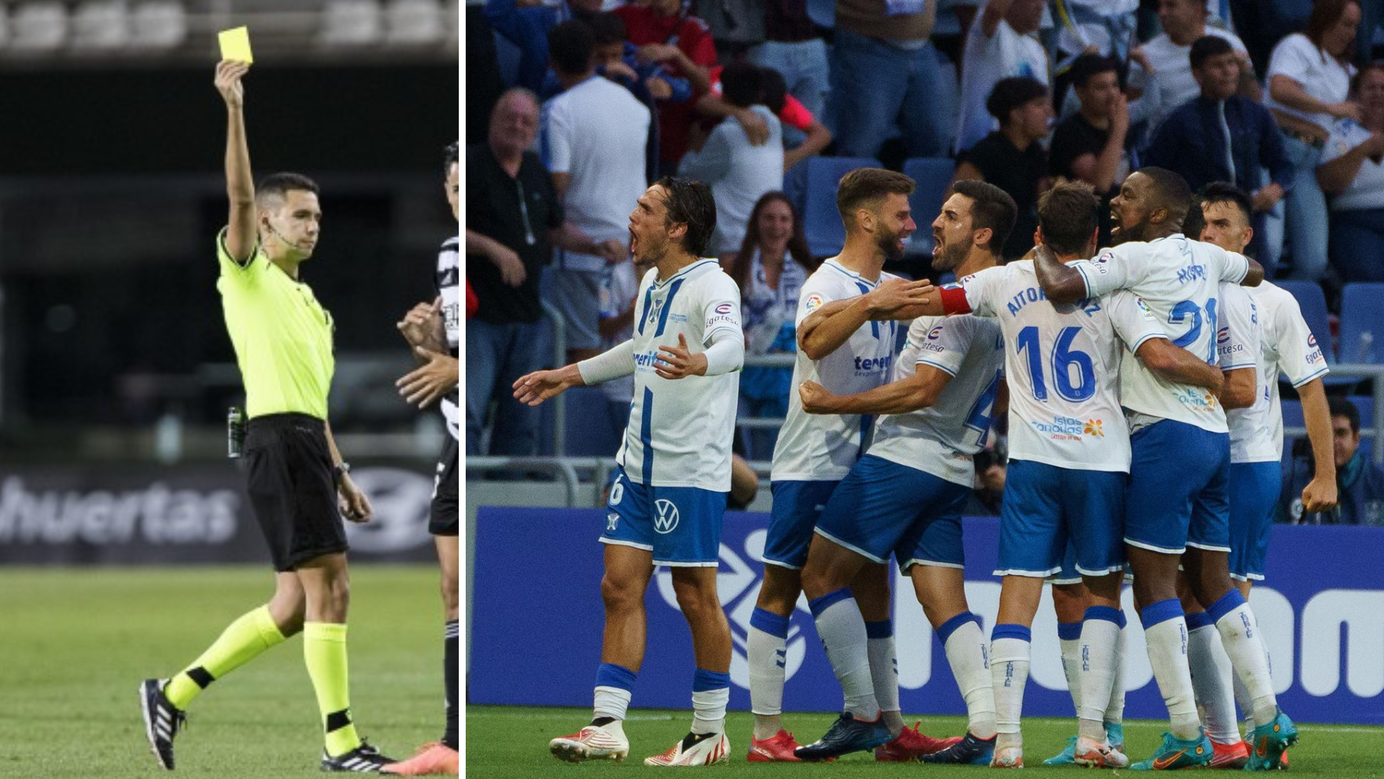 Hernández Maeso sacó siete amarillas al Tenerife ante el Valladolid./ Montaje AH (Imágenes La Liga y EFE)
