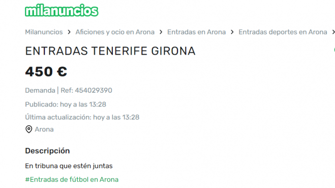 Un aficionado ofrece hasta 450 euros por adquirir entradas./ Milanuncios Un aficionado ofrece hasta 450 euros por adquirir entradas./ Milanuncios