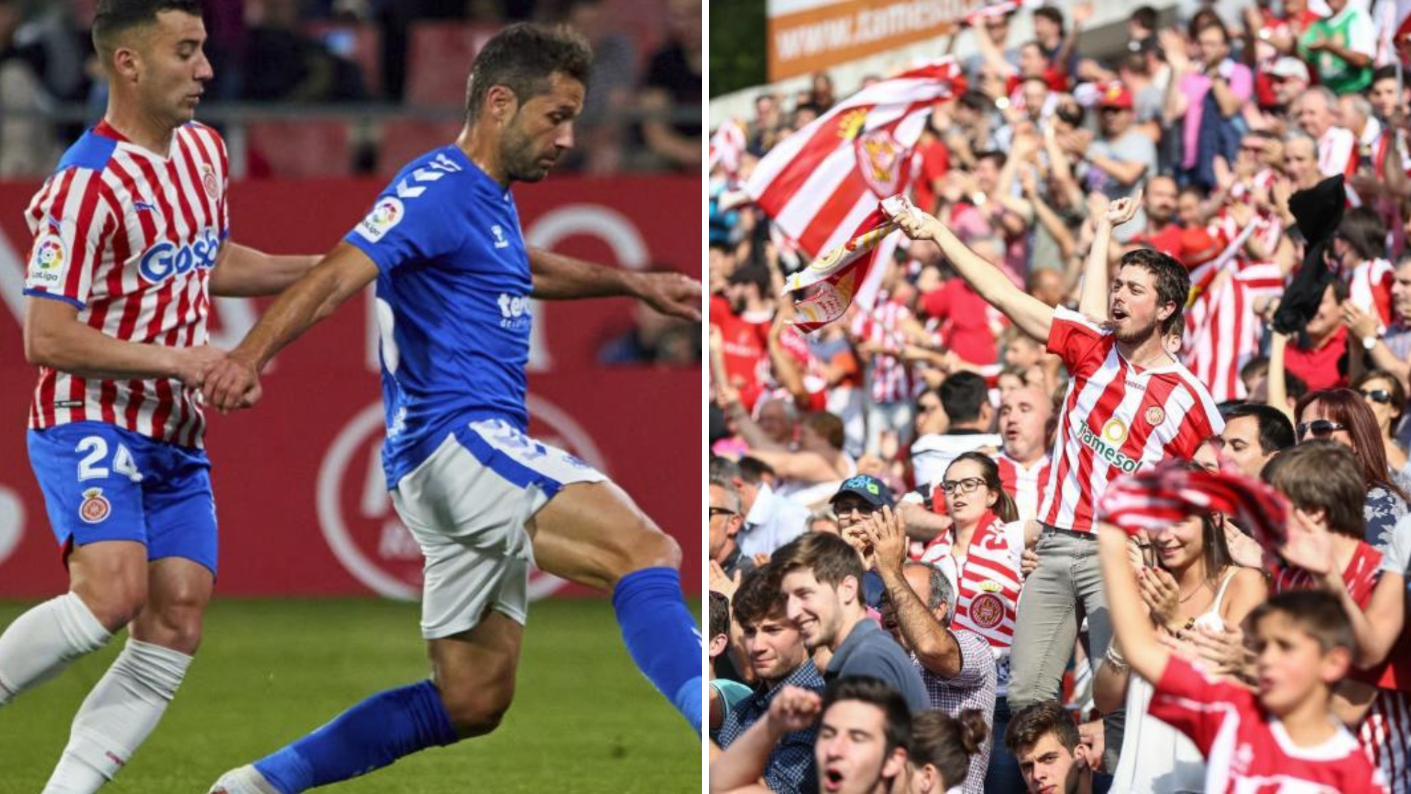 A la izquierda, un encuentro entre el Tenerife y el Girona. A la derecha, aficionados gerundenses./ Montaje AH