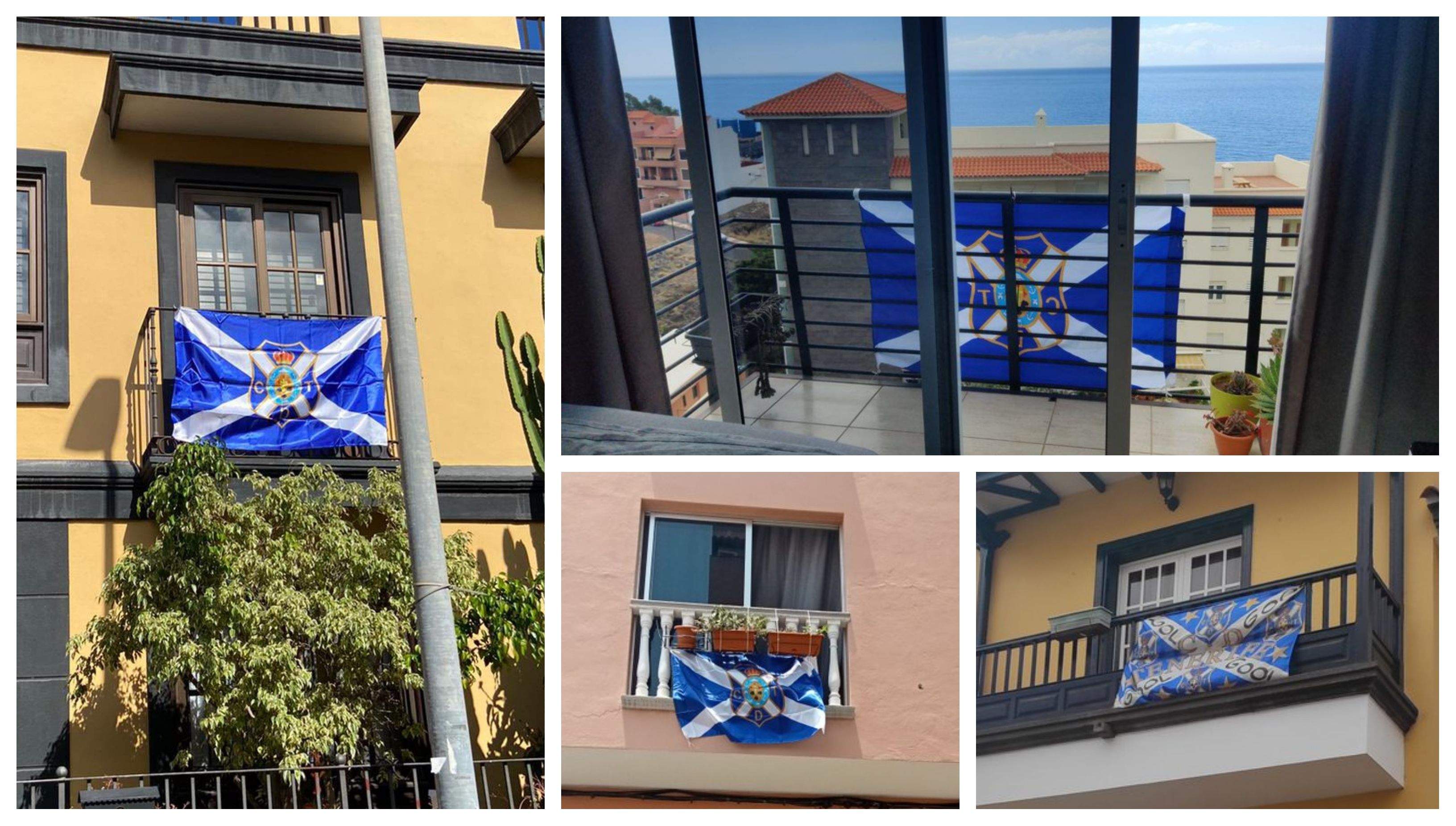 Montaje con algunas de las fotos de los balcones blanquiazules compartidos por aficionados del CD Tenerife en redes sociales./ Twitter